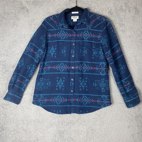 Ariat REAL Shirt Womens Medium Blue Aztec Print Long Sleeve Western Relaxed Fit - Picture 1 of 9